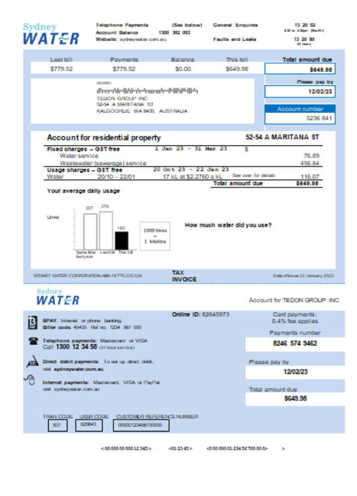 Download Sydney Water utility business bill,  KA Photoshop template